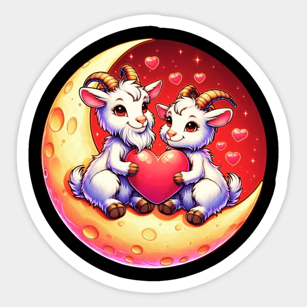 Valentine Goat Couple on Moon Valentines Day Goat Sticker by Figurely creative